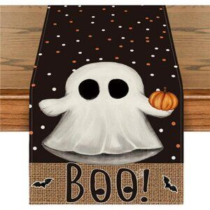 Halloween Table Runner 13x72 Black Boo Ghost Pumpkin Dots Fall Party Table Decor